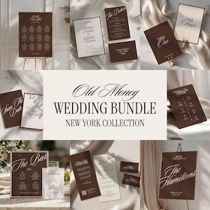 May include: A wedding stationery bundle featuring dark brown and cream cards with elegant serif typography. Includes a seating chart, invitation, details card, table numbers, save the date, timeline, bar menu, place cards, and a welcome sign.