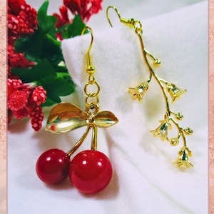 Mix and Match – Floral Cherry Mismatched Earrings