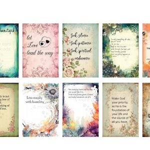 May include: A set of ten rectangular cards with motivational quotes and floral patterns. The cards display a variety of colours, including blues, pinks, and oranges. Each card has unique text, such as "Life is Beautiful" and "You are stronger than the storm."