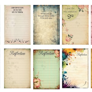 May include: A collection of ten lined journal pages with various designs and text. The pages feature floral, watercolor, and vintage-style backgrounds. Some pages have inspirational quotes like "One Day at a time" and "Hope Endures."
