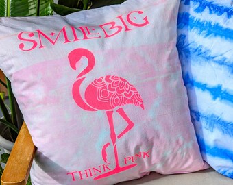 Decorative pillow, cotton pillow, batik, shibori, summer, flamingo, pink, garden, balcony, terrace, outdoor pillow, pattern, birthday, gift