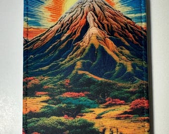 Etiqueta de equipaje con paisaje colorido de amanecer en la montaña para identificar artículos personales fácilmente
