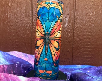 Vaso teñido de mariposa de 15 oz Tapa dúo con pajita