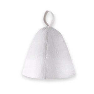 May include: A white sauna hat, cone-shaped with a loop for hanging. The hat is made from a soft, textured material, designed to protect the head from heat in a sauna. The hat is a solid white colour.