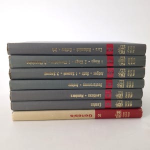 May include: A stack of seven hardcover books from the John Knox Press series. Six books have grey covers with gold text, while the bottom book is cream-colored with red text. Each spine features a red vertical stripe with a white number and logo.