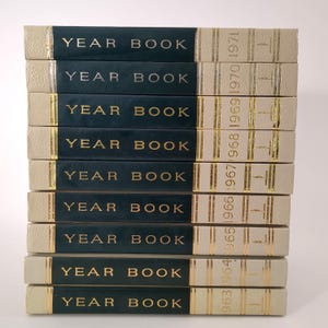 May include: A stack of nine hardcover books with cream-colored spines and dark blue panels. Each spine features the gold-embossed text YEAR BOOK and the corresponding year from 1963 to 1971, accented with vertical gold lines and a small gold icon.