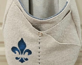Poche murale en toile de jute, grande taille, motif fleur de lys, beige et bleu