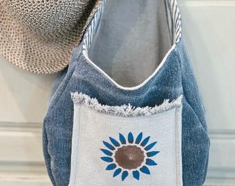 Grande poche murale tournesol d'automne, panier de rangement bleu denim