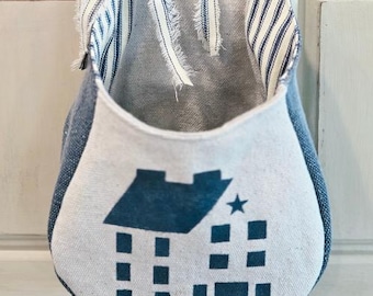 Pochette murale de taille moyenne pour maison de campagne, bleue et beige, clé en laiton, compartiment de rangement suspendu
