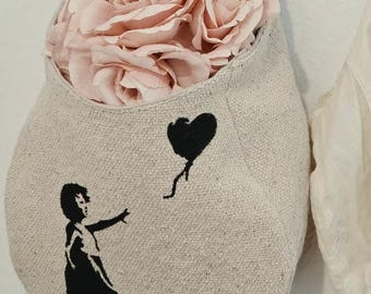 Taille moyenne, sac de rangement Silhouette ballon et petite fille, pochette suspendue, tissu de sac à grains