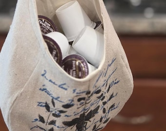 Taille moyenne, pochette murale style bistro français, dosettes de café, tissu à peindre, bleu, beige, noir