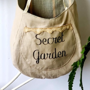 Tea dyed hanging tote, size Large, Secret Garden, front door, cabinet knob, wall storage
