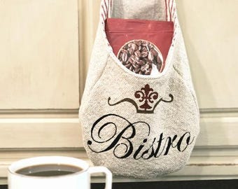 Poche murale moyenne, style bistro, en tissu de sac à grains, rangement pour café