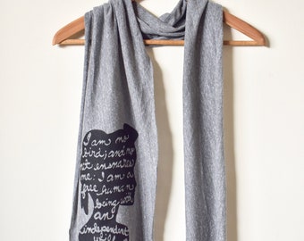 Jane Eyre Book Scarf "I am no bird and no net ensnares me...",  60 x 12" Literary Gifts, Hand Stenciled. Ready To Ship
