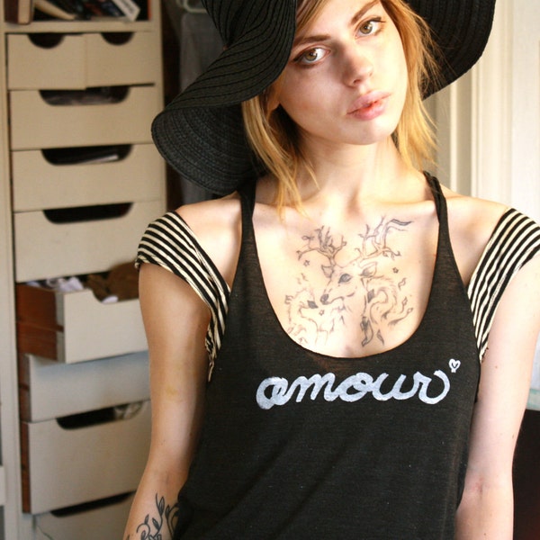 French Quote "Amour". MEDIUM Racerback Tank in Black