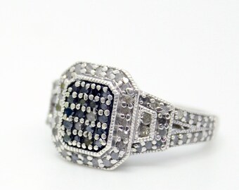 Diamond and Sterling Silver Ring with Black and White Diamonds - Size 7  - 3508N
