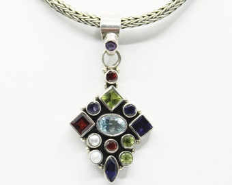 Multi Gemstone and Sterling Silver Pendant on Heavy Foxtail Chain Necklace - 4377