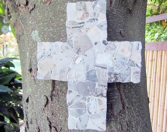 Rustic Ancient Anasazi Indian Pottery Shards Cross Mosaic Art - Gray/White