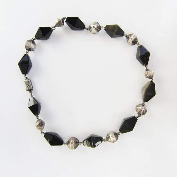 Mexico Deco Sterling Silver and Obsidian Beaded N… - image 2