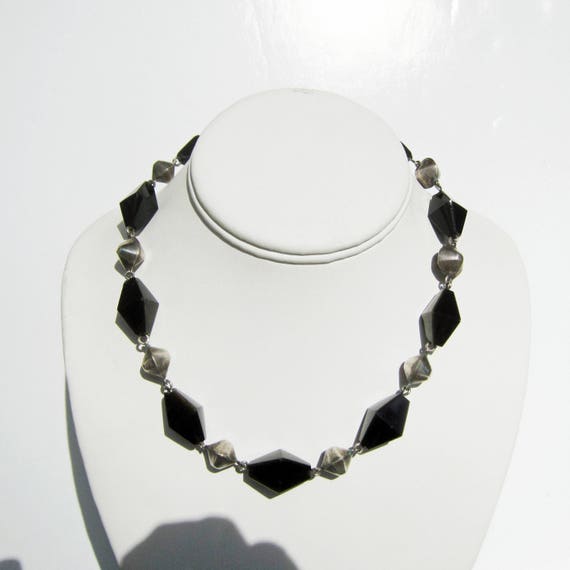 Mexico Deco Sterling Silver and Obsidian Beaded N… - image 1