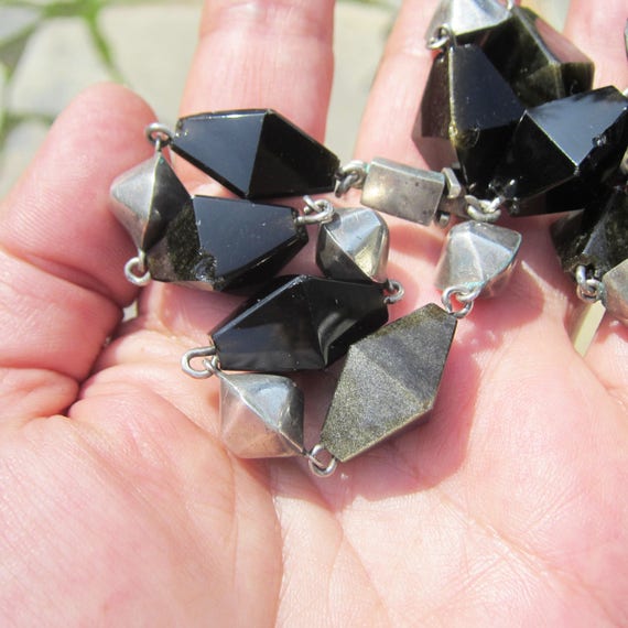 Mexico Deco Sterling Silver and Obsidian Beaded N… - image 4