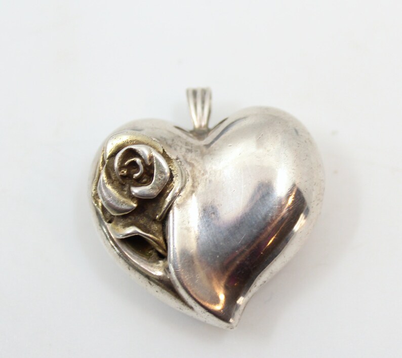 Sterling Silver Puffy Heart And Rose Pendant Gorham 3796n