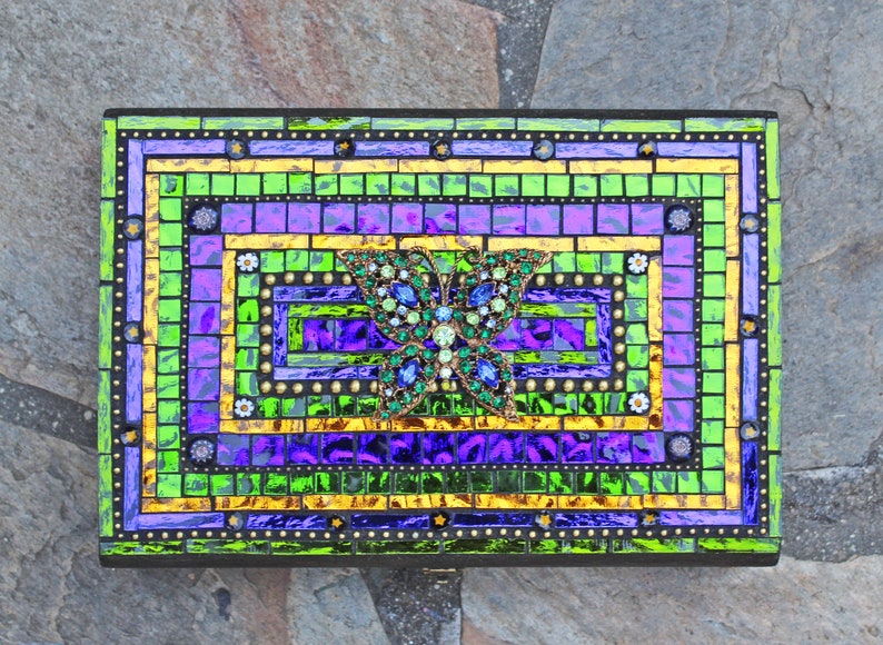 Mosaic Jewelry Memory Box With Colored Mirror Glass And Erfly Rhinestone Accent