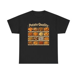 Op de afbeelding: Een zwart t-shirt met korte mouwen en een grafische print met de titel Potato Quality. Het ontwerp toont een raster van zestien verschillende aardappelgerechten, elk gelabeld met de naam, waaronder hash browns en aardappelwodka.