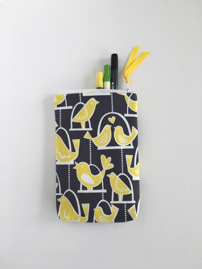 Top Zipper Oblong Bag Pen Pouch 8 Long Yellow Bird Fabric Artist Pen Storage Case Pencil Pouch