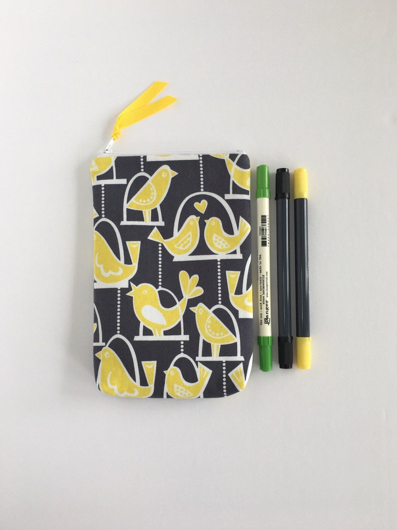 Top Zipper Oblong Bag Pen Pouch 8 Long Yellow Bird Fabric Artist Pen Storage Case Pencil Pouch