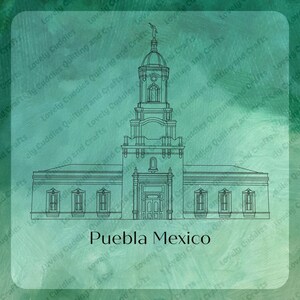 May include: A black and white line drawing of a building with a tall tower and a large entrance. The building is labeled "Puebla Mexico".