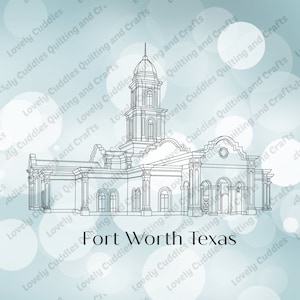 Puede incluir: Un dibujo de línea de un edificio de iglesia con un alto campanario. El edificio está etiquetado como "Fort Worth Texas".