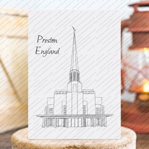 May include: A black and white line drawing of the Preston England Temple of The Church of Jesus Christ of Latter-day Saints.