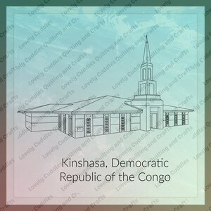 May include: A black and white line drawing of a church building with a tall steeple. The text "Kinshasa, Democratic Republic of the Congo" is below the building.