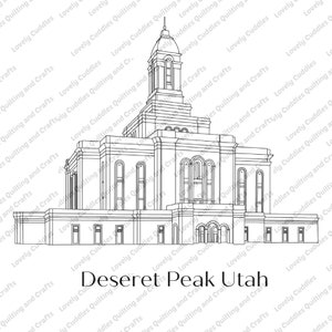 May include: A line drawing of the Deseret Peak Temple in Utah. The temple is a white building with a tall spire and a large dome. The drawing is in black and white and has a simple, clean style.