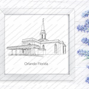 May include: Line drawing of the Orlando Florida Temple of The Church of Jesus Christ of Latter-day Saints. The temple is a white building with a tall spire and a large, open entrance.