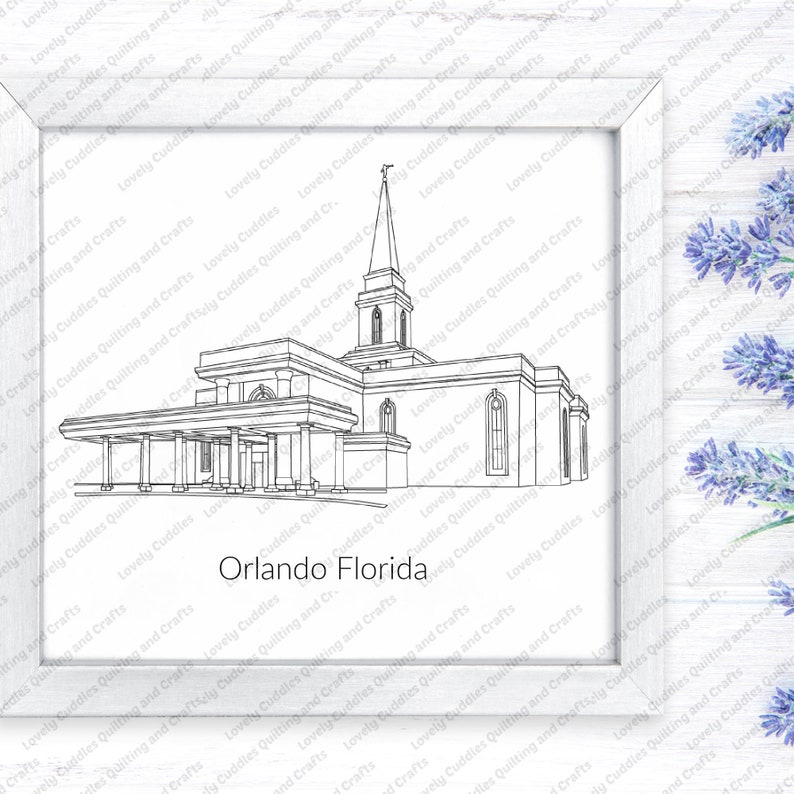 May include: Line drawing of the Orlando Florida Temple of The Church of Jesus Christ of Latter-day Saints. The temple is a white building with a tall spire and a large, open entrance.