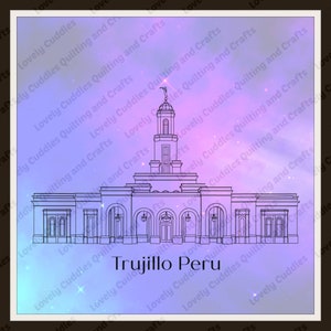 Puede incluir: Un dibujo de línea de un templo blanco con una alta aguja sobre un fondo de galaxia púrpura y azul. El texto "Trujillo Perú" está debajo del templo.