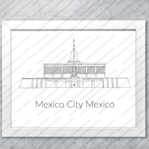 May include: A line drawing of a white temple with a tall spire. The temple is surrounded by a wall and has a large entrance. The text "Mexico City Mexico" is written below the temple.