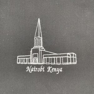 May include: A white line drawing of a building with a tall spire, with the text "Nairobi Kenya" below it.
