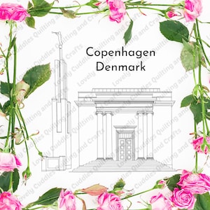 Pode incluir: Desenho de linha preto e branco de um edifício de igreja com uma torre alta e uma grande entrada com colunas. O desenho é rodeado por uma borda de rosas cor-de-rosa e folhas verdes. O texto "Copenhaga Dinamarca" está escrito acima do edifício.