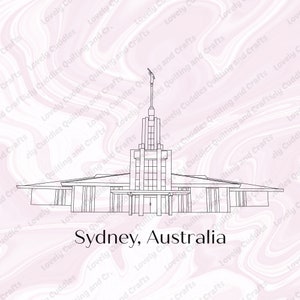 May include: A black and white line drawing of a church building with a tall spire. The building is labelled "Sydney, Australia".