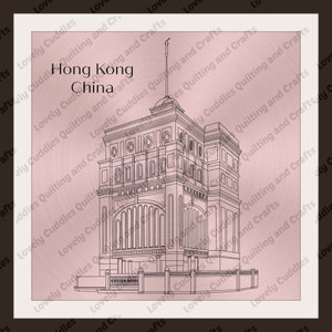 May include: A line drawing of a building with a tall spire and many windows. The building is labeled "Hong Kong China".