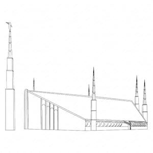 May include: Line drawing of a church with a tall spire and multiple smaller spires. The church has a large, angled roof and a series of windows along the sides.