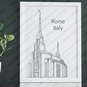 Può includere: Un disegno in bianco e nero di un edificio della chiesa a Roma, Italia. Il disegno è incorniciato in una cornice bianca.