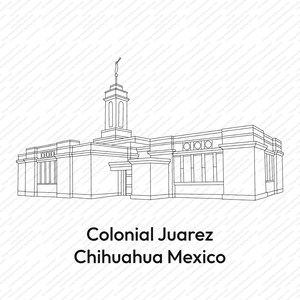 May include: A black and white line drawing of a church building with a tall steeple. The text "Colonial Juarez Chihuahua Mexico" is below the building.