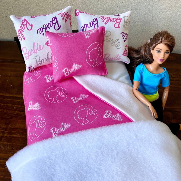 Barbie Doll Bedding Set Comforter pillows fleece blanket Dollhouse 1:6 scale
