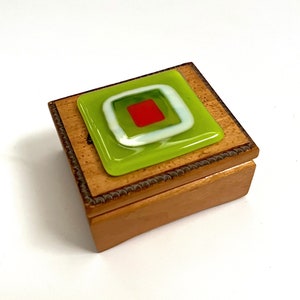 Small Wood Keepsake Box with Fused Glass Tile on Lid, Altered Vintage Art Box