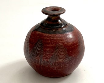 Vintage Glazed Stoneware Studio Pottery Vase,  Rustic Red Pottery Ceramic Vessel