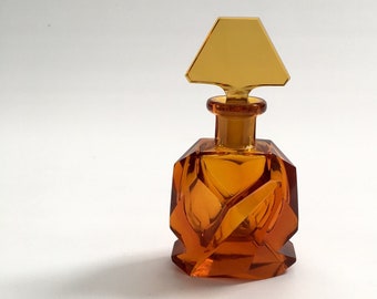 Rare Czech Amber Faceted Glass Perfume Bottle, Collectible 1940s Art Deco Glass